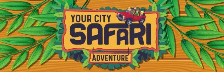 Logo for Your City Safari adventure event with jungle leaves and a safari vehicle.