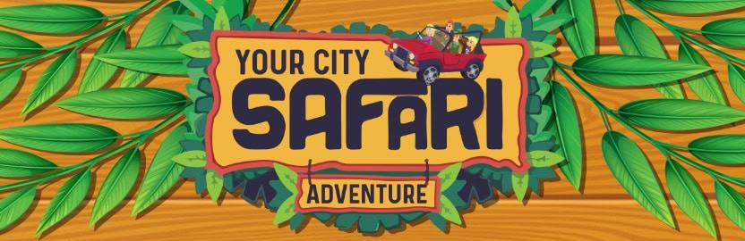 Logo for Your City Safari adventure event with jungle leaves and a safari vehicle.
