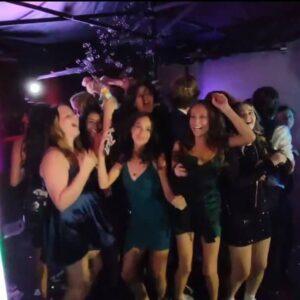 Selfie cam capturing guests enjoying the 360 photo experience at a lively party.