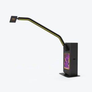 LED photo booth with colorful display screen and adjustable arm.