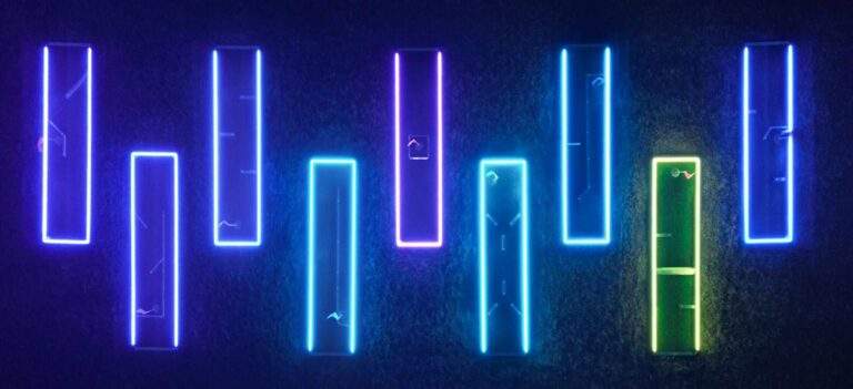 Illuminated mini golf course elements outlined in blue, green and purple light