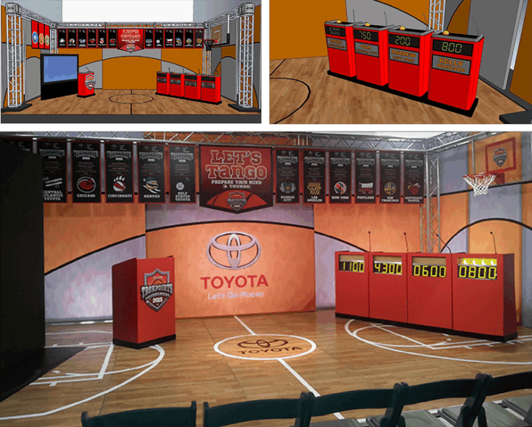 Interactive gameshow setup with digital scoreboards and basketball hoops for corporate and private e.